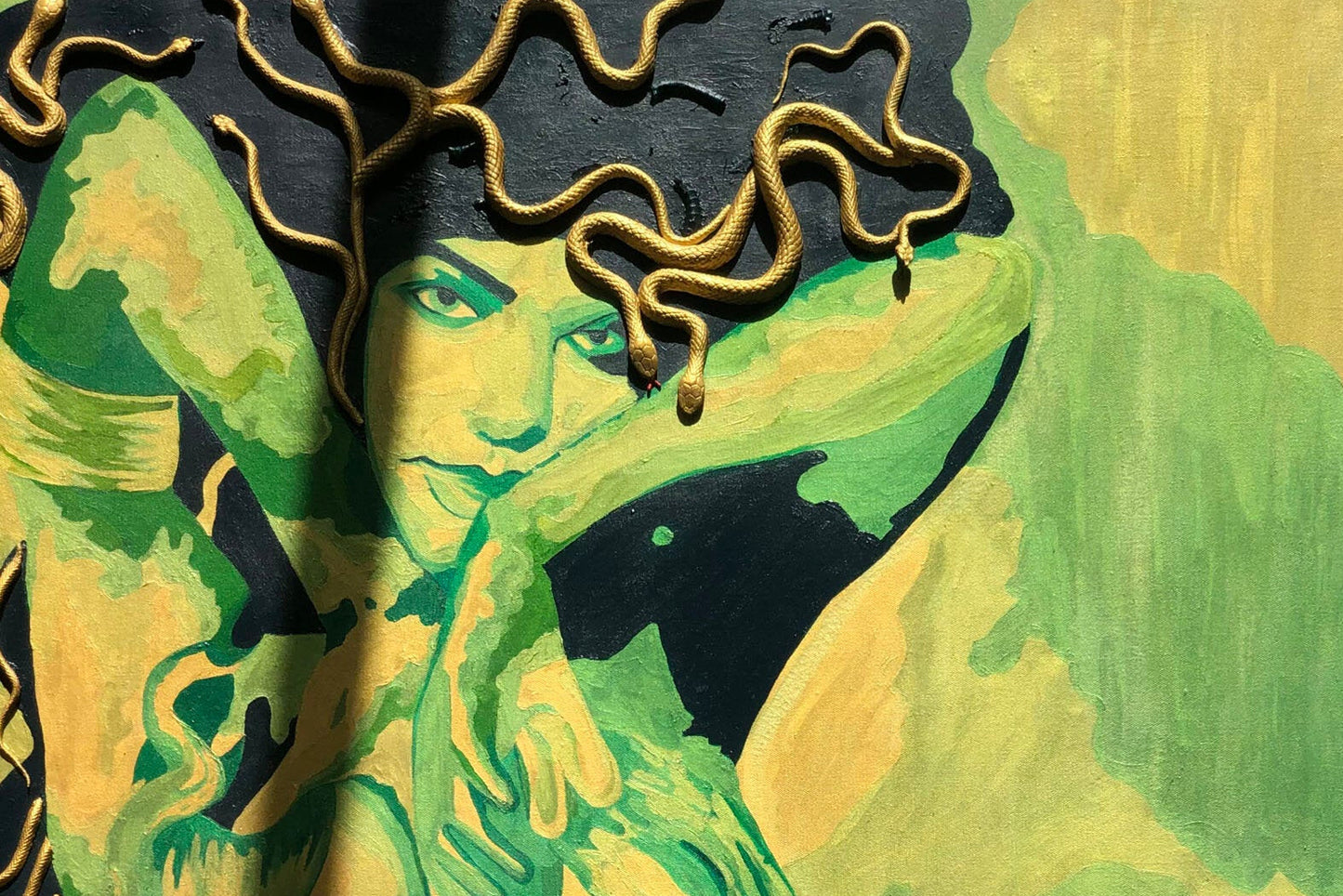 Abstract artwork with green and yellow colors on a textured surface medusa