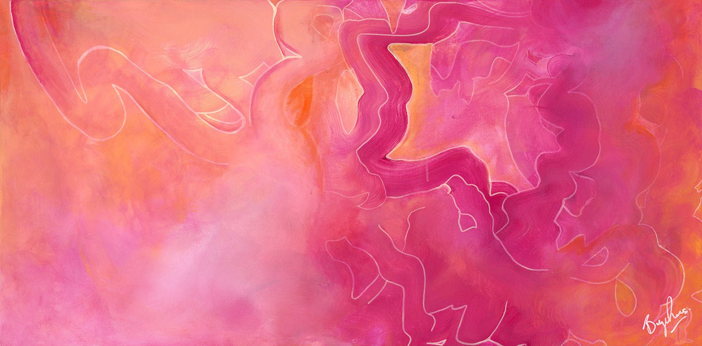 Limited edition hand-embellished print of Summer Sunset in Rural Tuscany by Lebanese-Australian artist Brigitte Gerges, aerial photograph of Tuscan terrain with topographic line work in pinks, oranges, and yellows