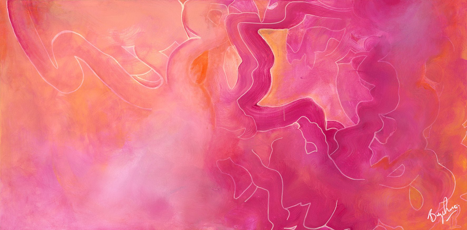Limited edition hand-embellished print of Summer Sunset in Rural Tuscany by Lebanese-Australian artist Brigitte Gerges, aerial photograph of Tuscan terrain with topographic line work in pinks, oranges, and yellows