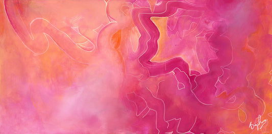 Limited edition hand-embellished print of Summer Sunset in Rural Tuscany by Lebanese-Australian artist Brigitte Gerges, aerial photograph of Tuscan terrain with topographic line work in pinks, oranges, and yellows