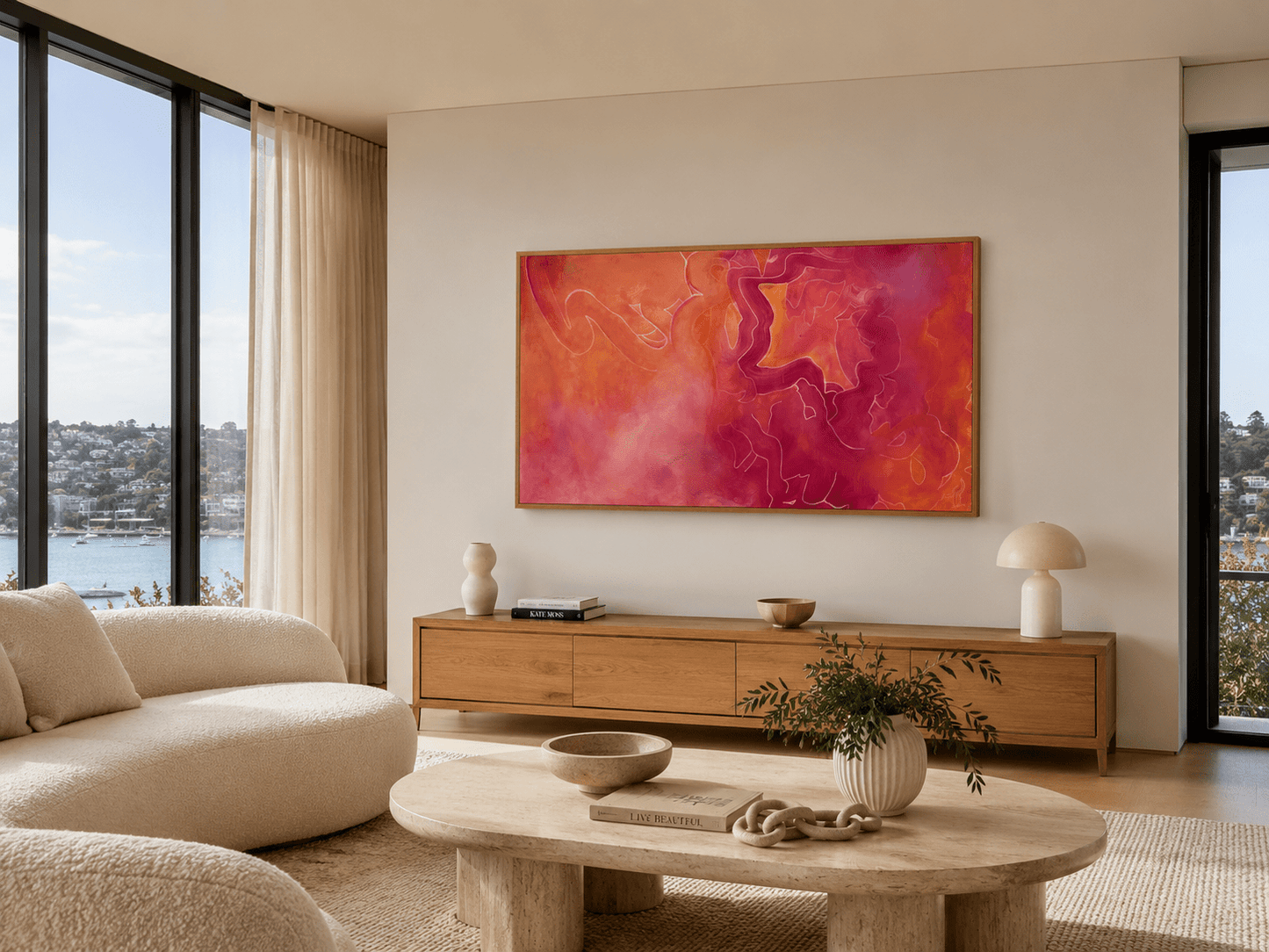 Hand-embellished pink and orange Tuscany aerial landscape wall art print by Brigitte Gerges