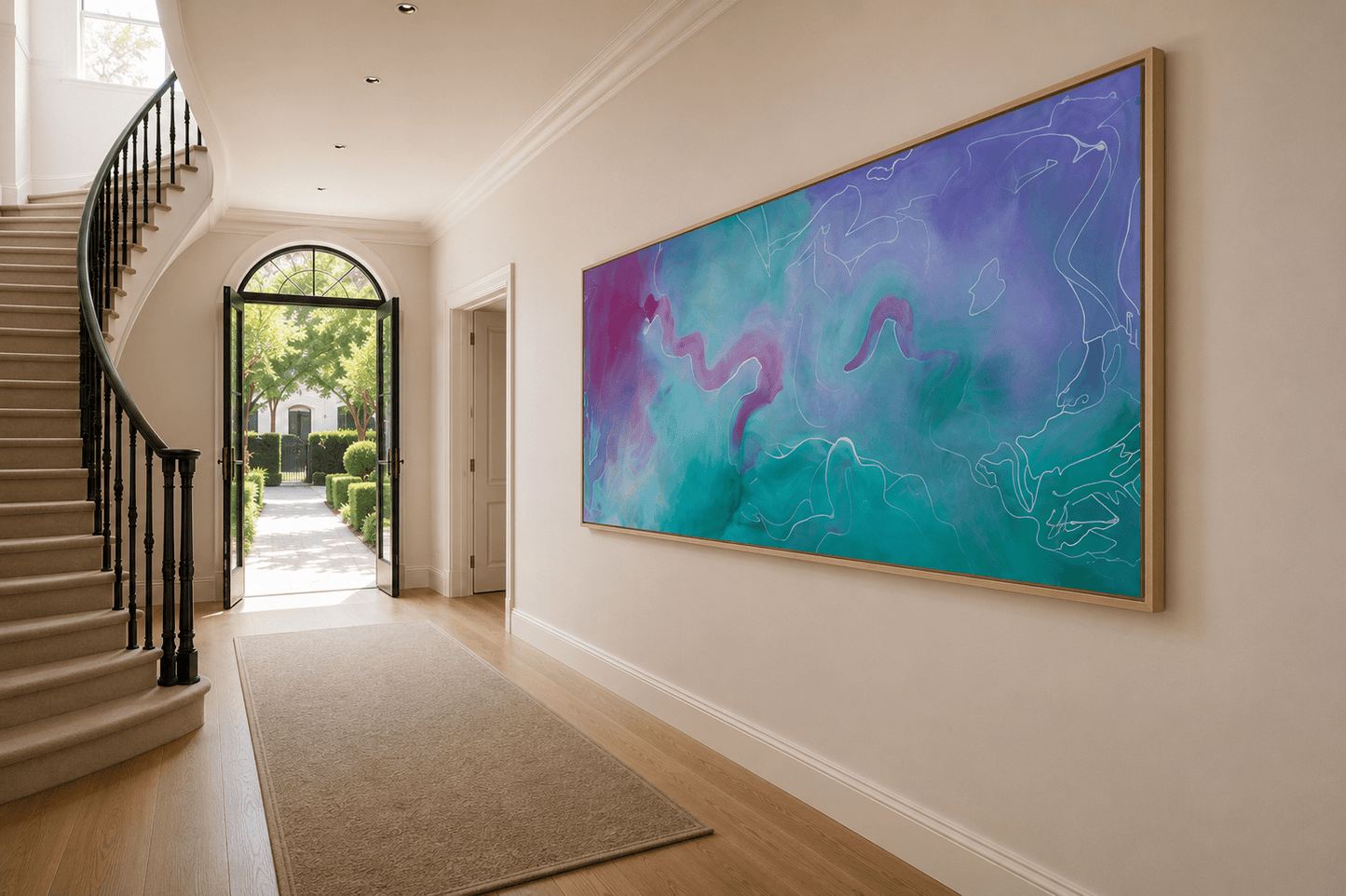 Hand-embellished purple and teal aerial landscape wall art print of New Zealand and Australia by Brigitte Gerges